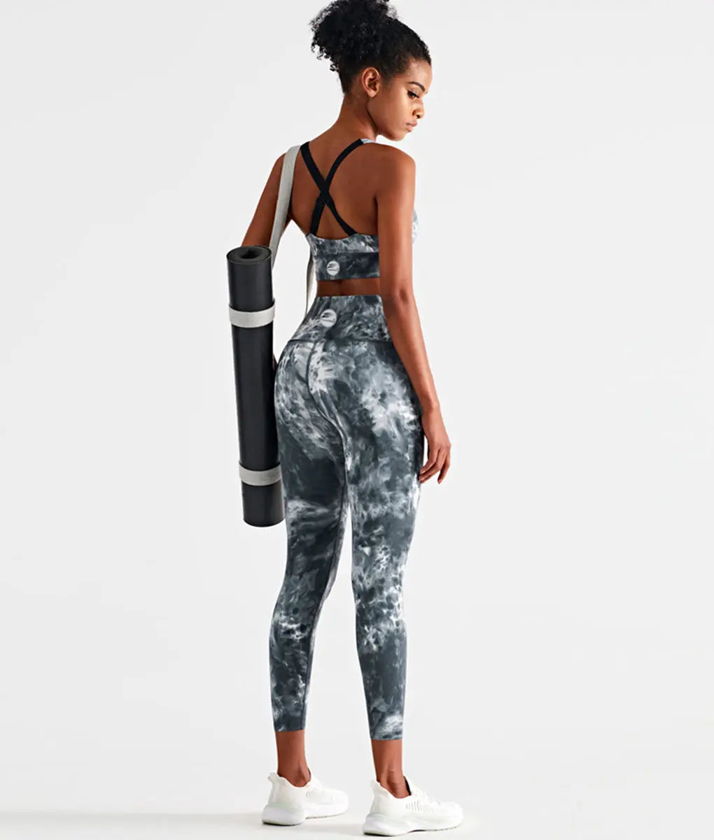 Snazzy Adjustable Cross Back Straps Sports Bra Women Tie Dye Dark Gray - TomPro