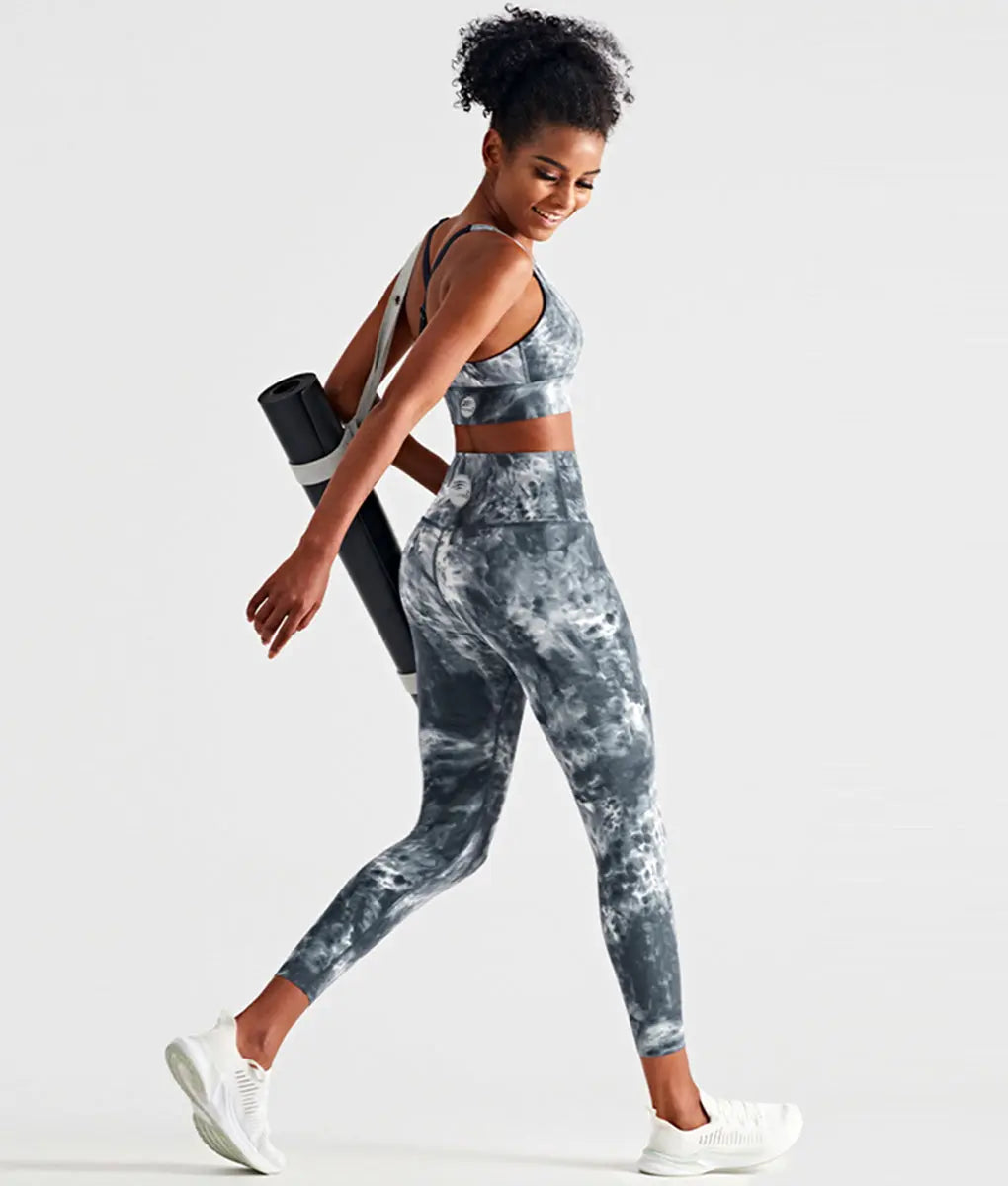 Snazzy Adjustable Cross Back Straps Sports Bra Women Tie Dye Dark Gray - TomPro