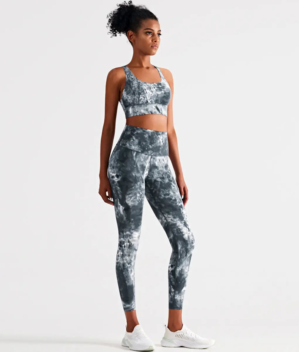 Snazzy Adjustable Cross Back Straps Sports Bra Women Tie Dye Dark Gray - TomPro