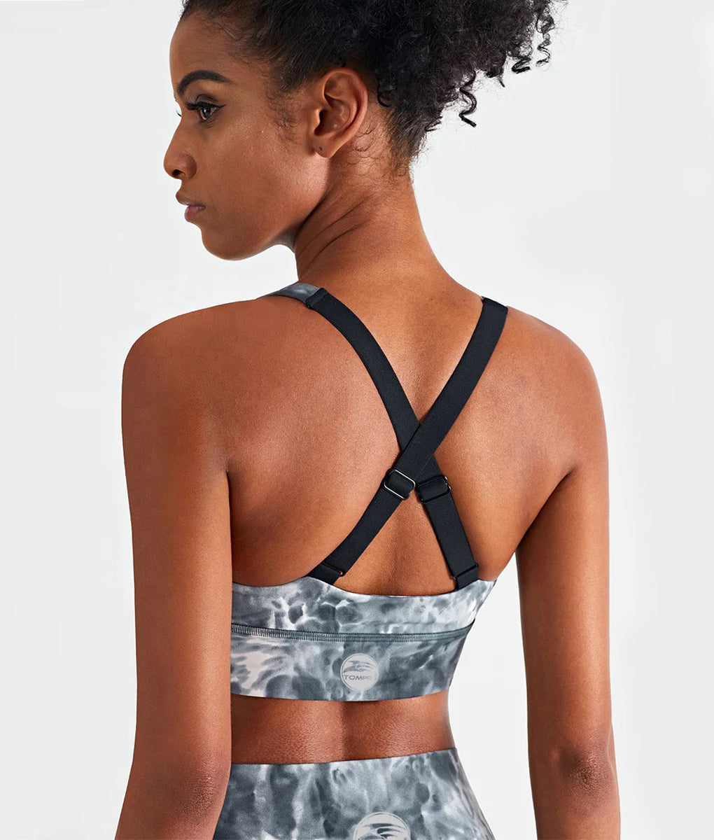 Snazzy Adjustable Cross Back Straps Sports Bra Women Tie Dye Dark Gray TomPro