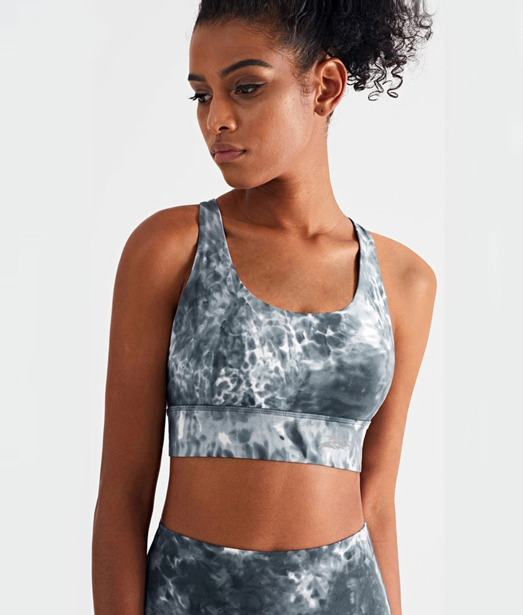 Snazzy Adjustable Cross Back Straps Sports Bra Women Tie Dye Dark Gray TomPro