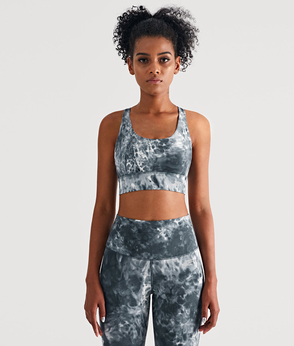 Snazzy Adjustable Cross Back Straps Sports Bra Women Tie Dye Dark Gray TomPro