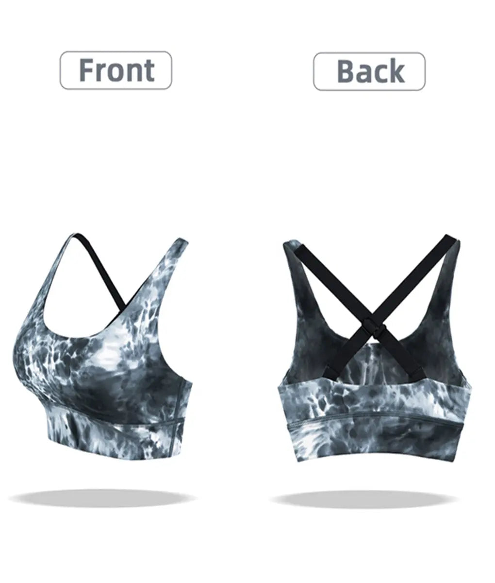 Snazzy Adjustable Cross Back Straps Sports Bra Women Tie Dye Dark Gray - TomPro