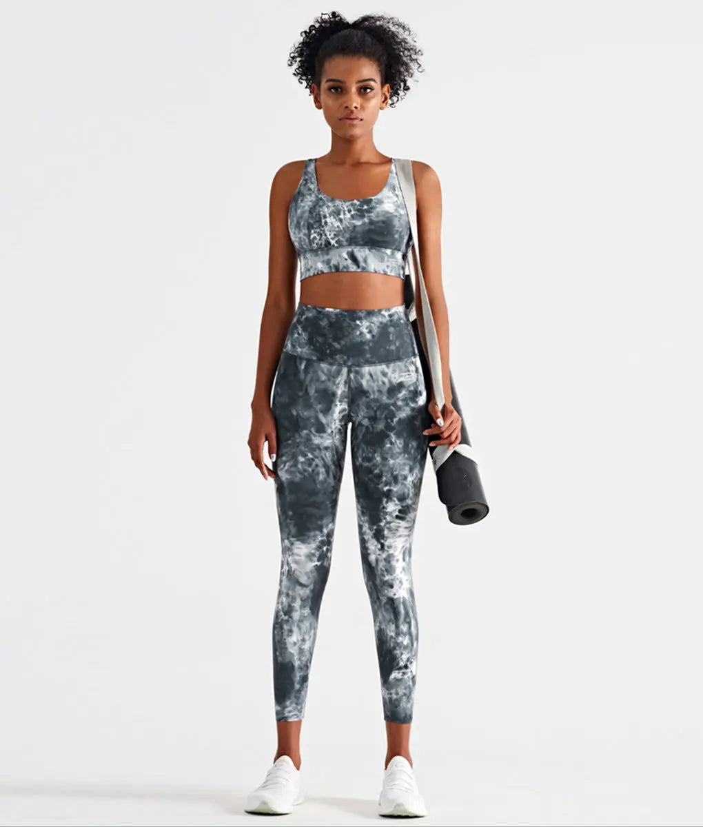 Snazzy Adjustable Cross Back Straps Sports Bra Women Tie Dye Dark Gray - TomPro