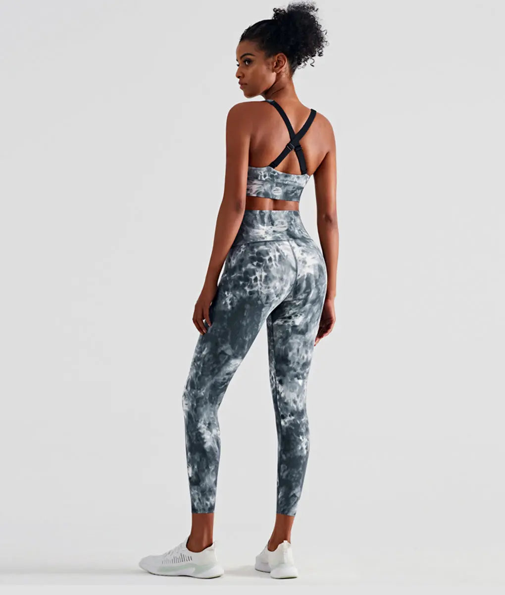 Snazzy Adjustable Cross Back Straps Sports Bra Women Tie Dye Dark Gray - TomPro