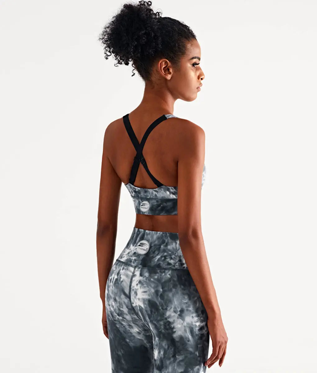 Snazzy Adjustable Cross Back Straps Sports Bra Women Tie Dye Dark Gray - TomPro